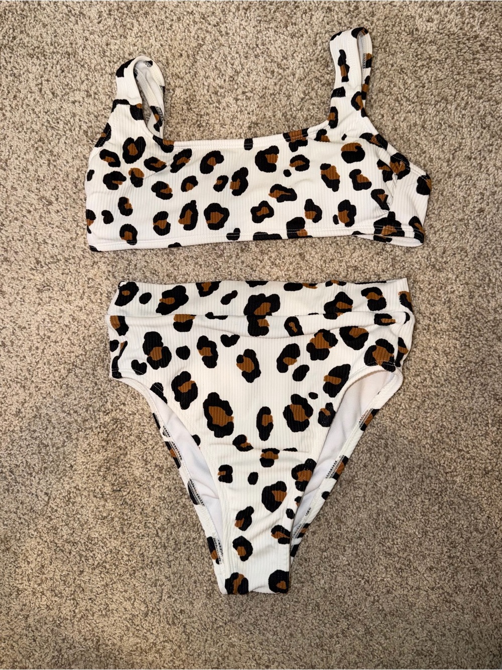 Leopard Print Two-Piece Swim Set - White/Tan